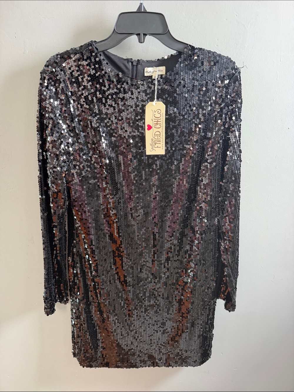 Southern Fried Chics Black Sequin Long-Sleeve Dress